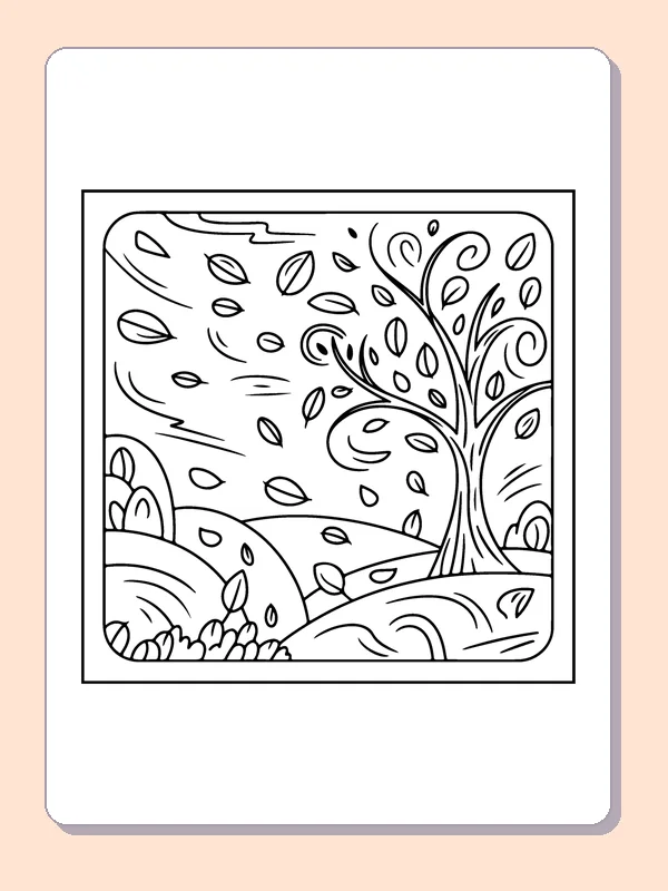 Wind Blowing Leaves from a Tree printable coloring page showing a gust sends leaves away from a tree over rolling hills