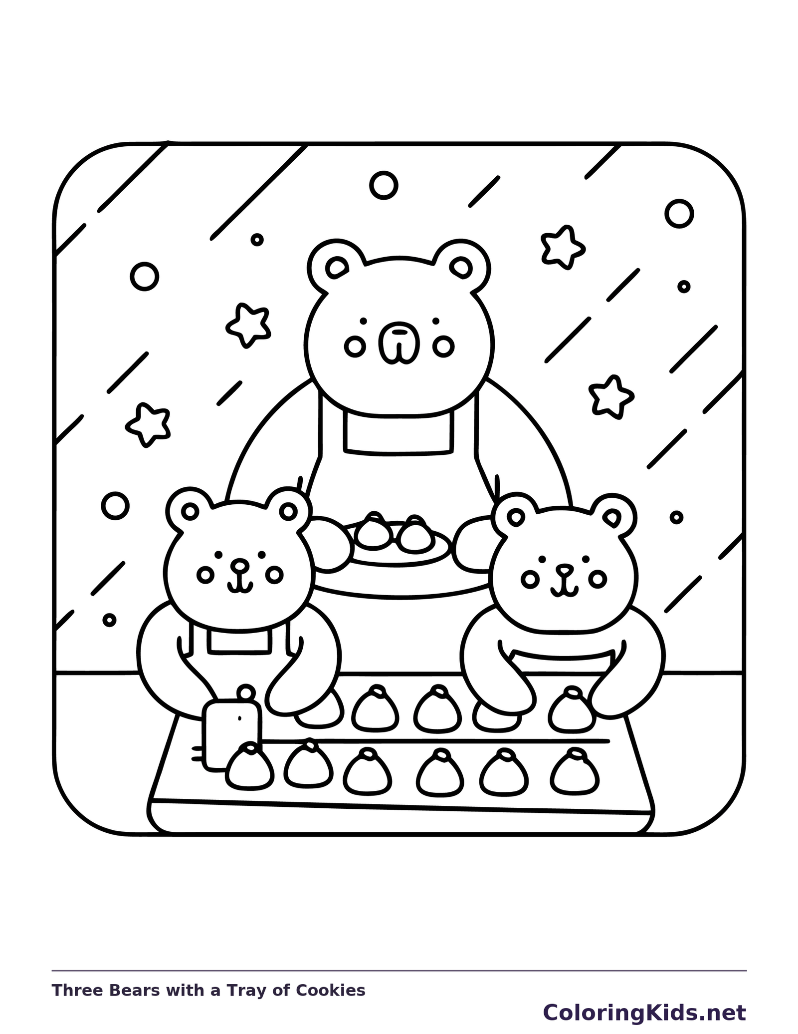 Black and white printable three bears with a tray of cookies coloring sheet