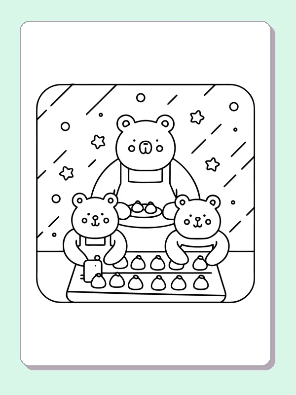Black and white printable three bears with a tray of cookies coloring sheet
