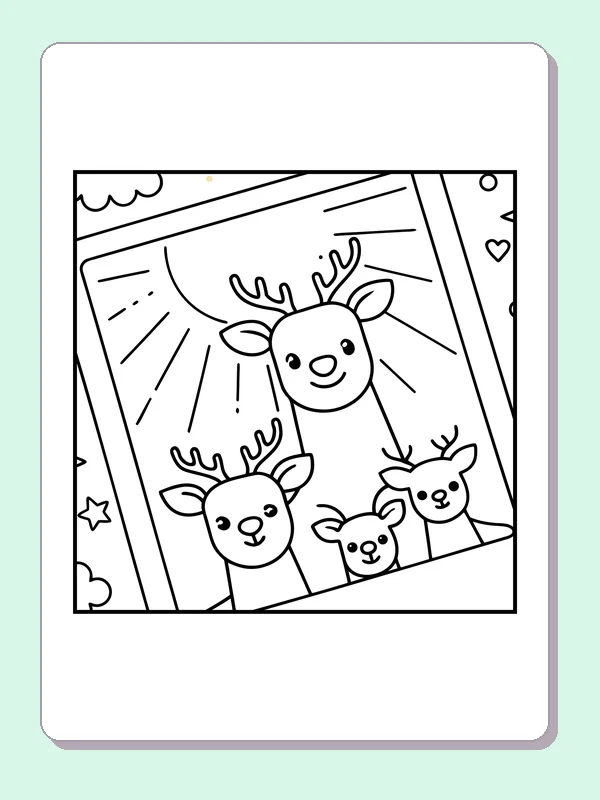 Black and white printable deer looking through a window coloring sheet
