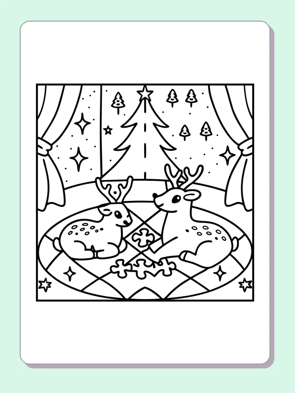 Black and white printable deer pair resting by a christmas tree coloring sheet