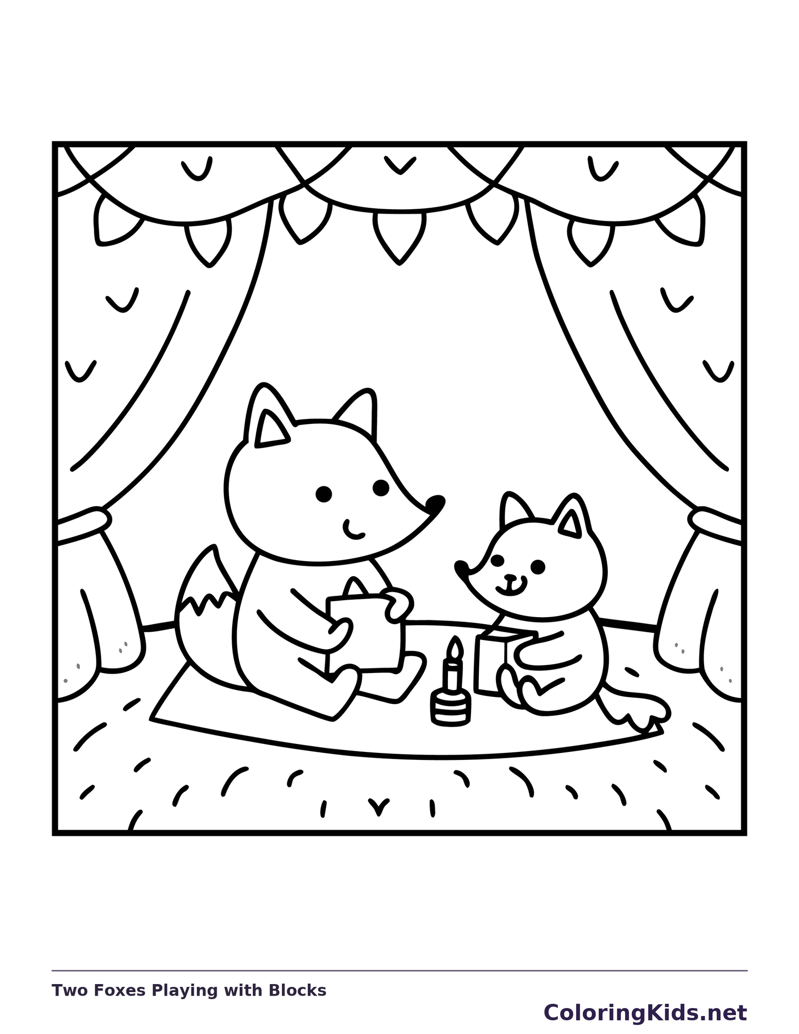 Black and white printable two foxes playing with blocks coloring sheet