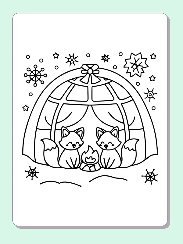 Black and white printable foxes in a snowy dome coloring sheet