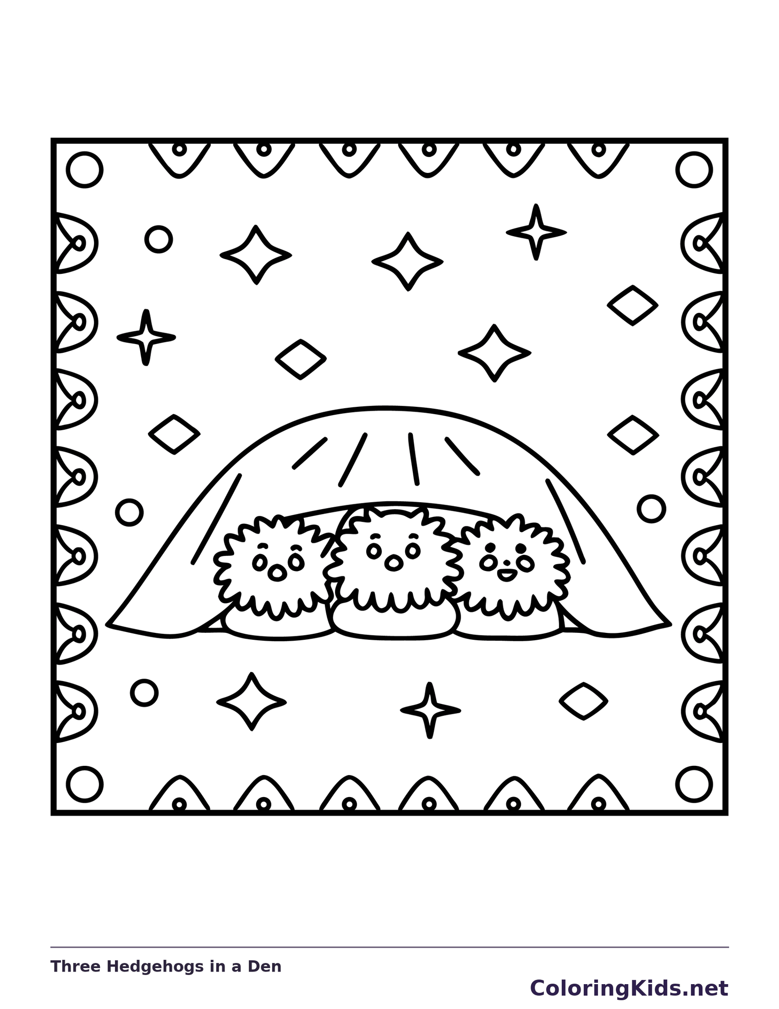 Black and white printable three hedgehogs in a den coloring sheet
