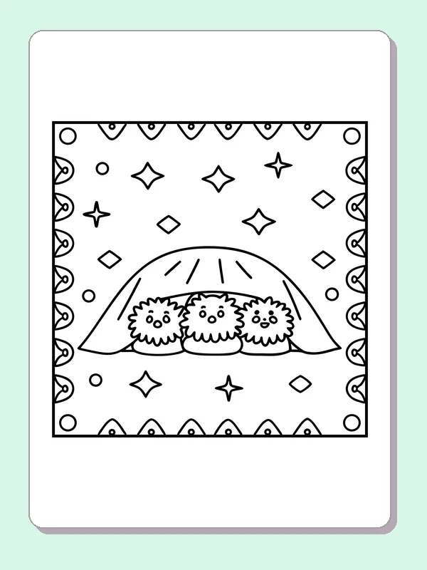 Black and white printable three hedgehogs in a den coloring sheet