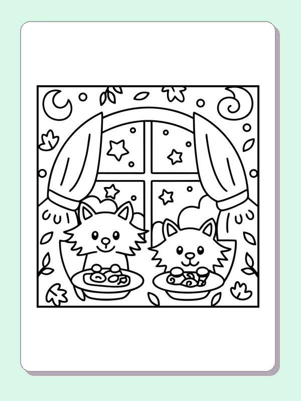 Black and white printable hedgehog pair eating by a window coloring sheet