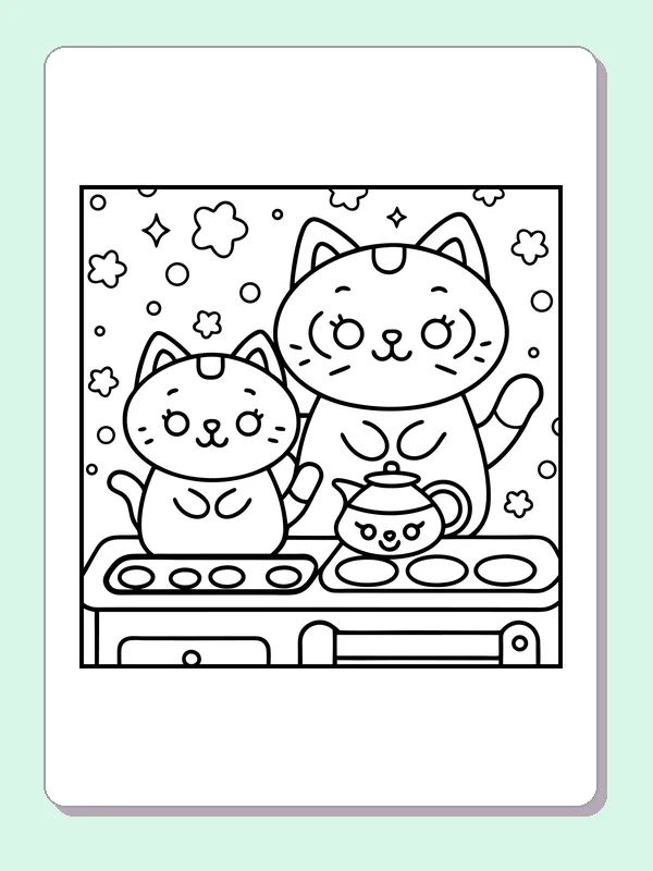 Black and white printable two cats in a kitchen coloring sheet