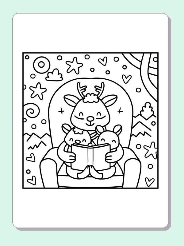 Black and white printable reindeer reading to a little one coloring sheet