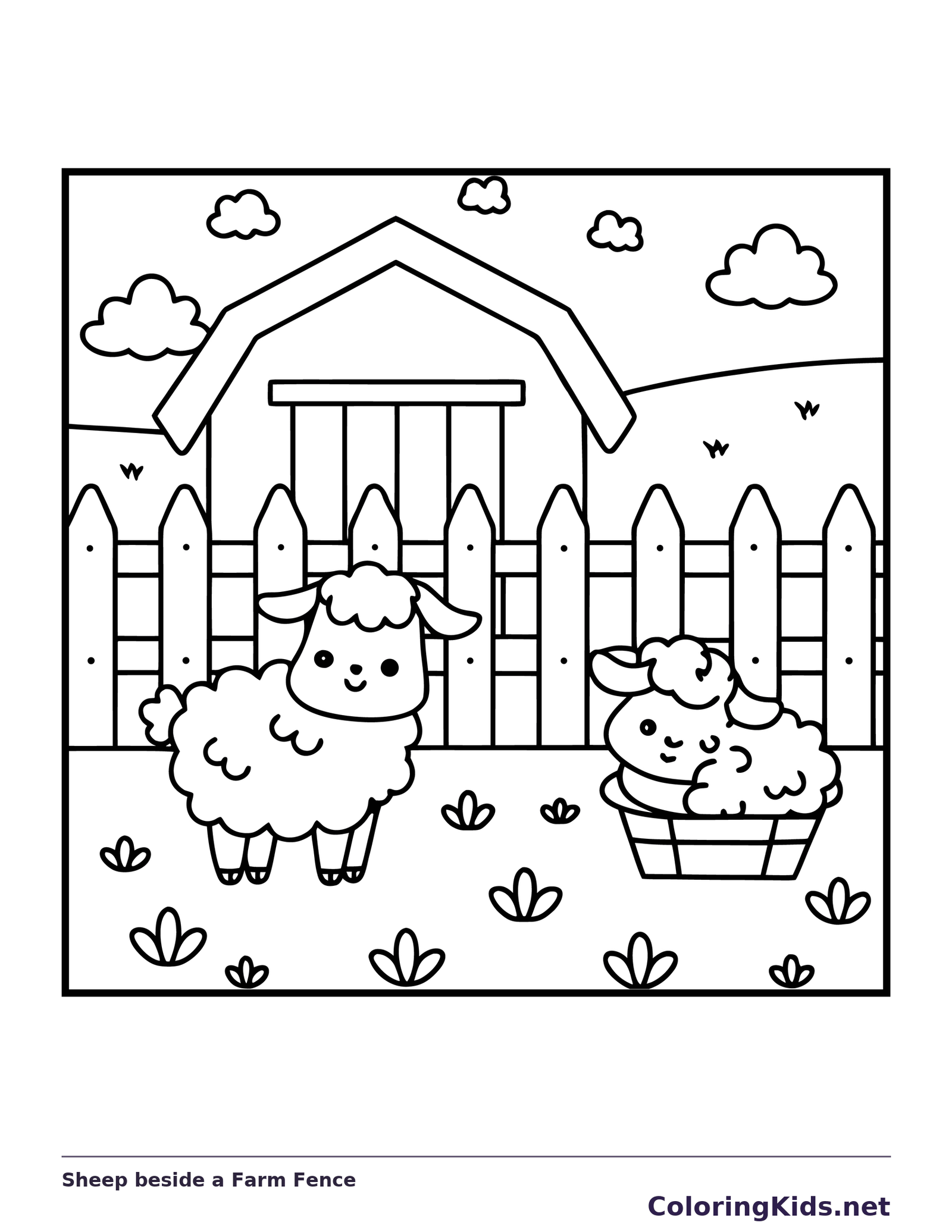 Black and white printable sheep beside a farm fence coloring sheet