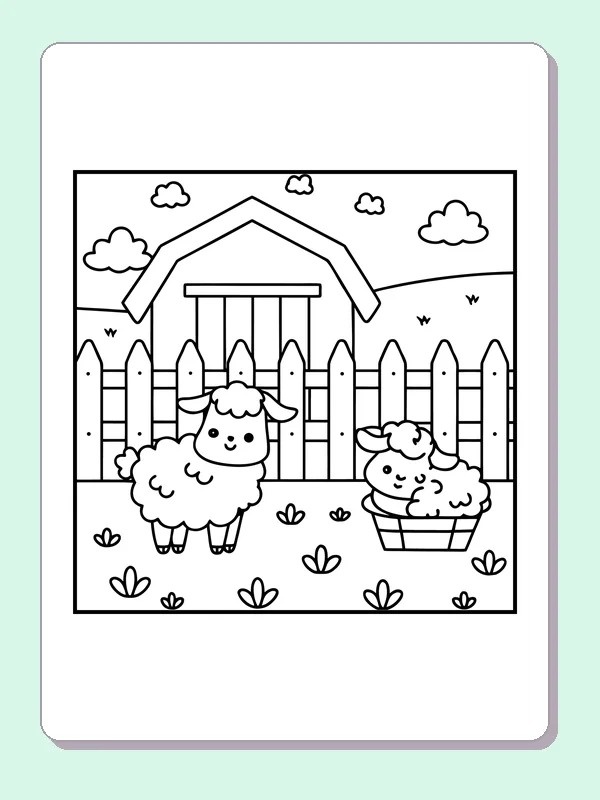 Black and white printable sheep beside a farm fence coloring sheet