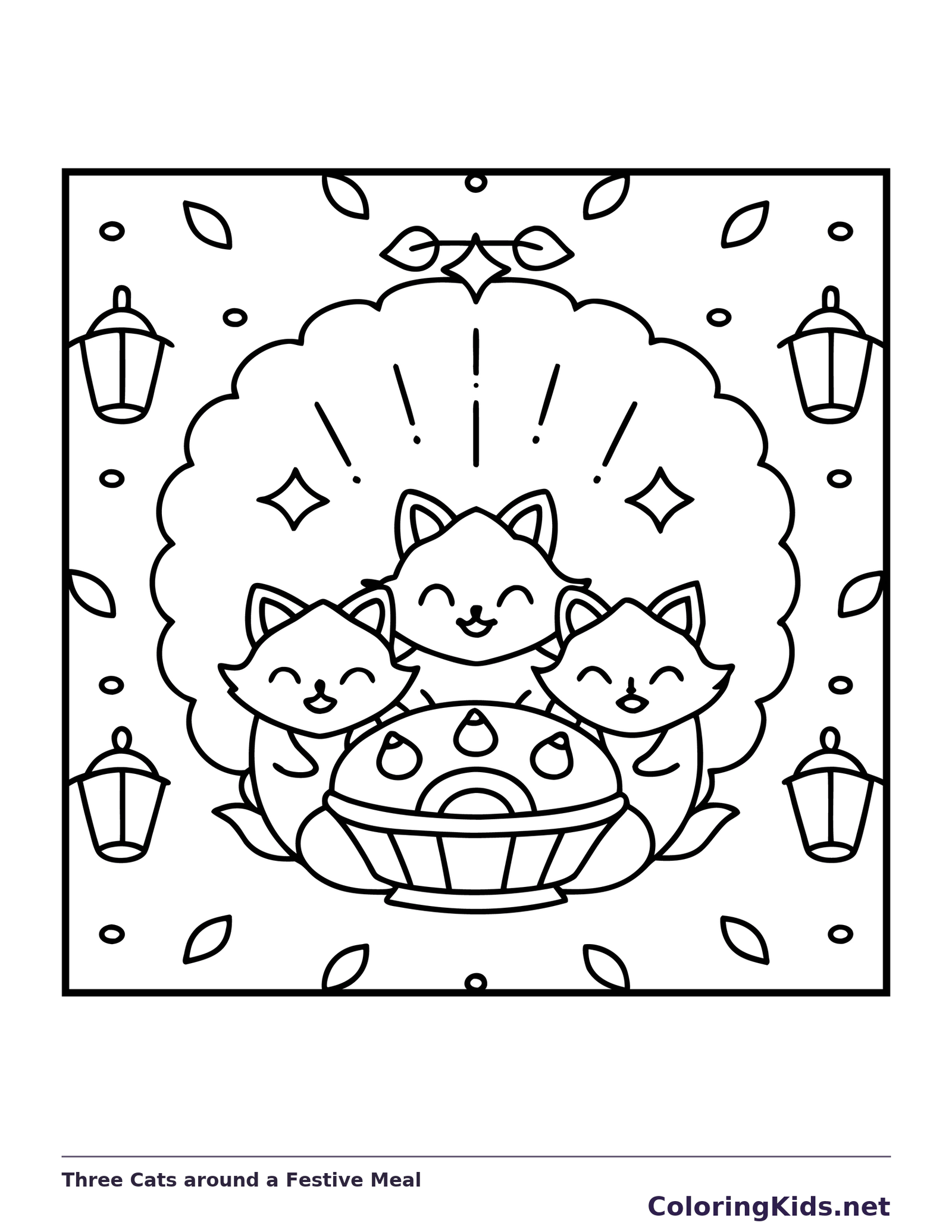 Black and white printable three cats around a festive meal coloring sheet