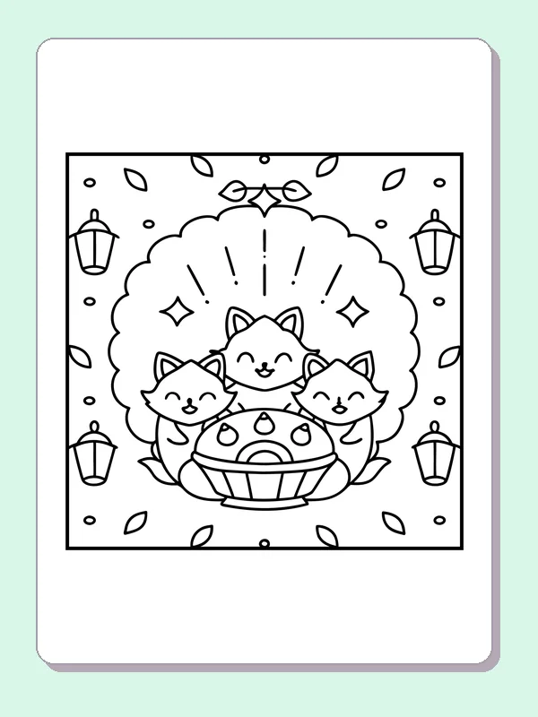 Black and white printable three cats around a festive meal coloring sheet