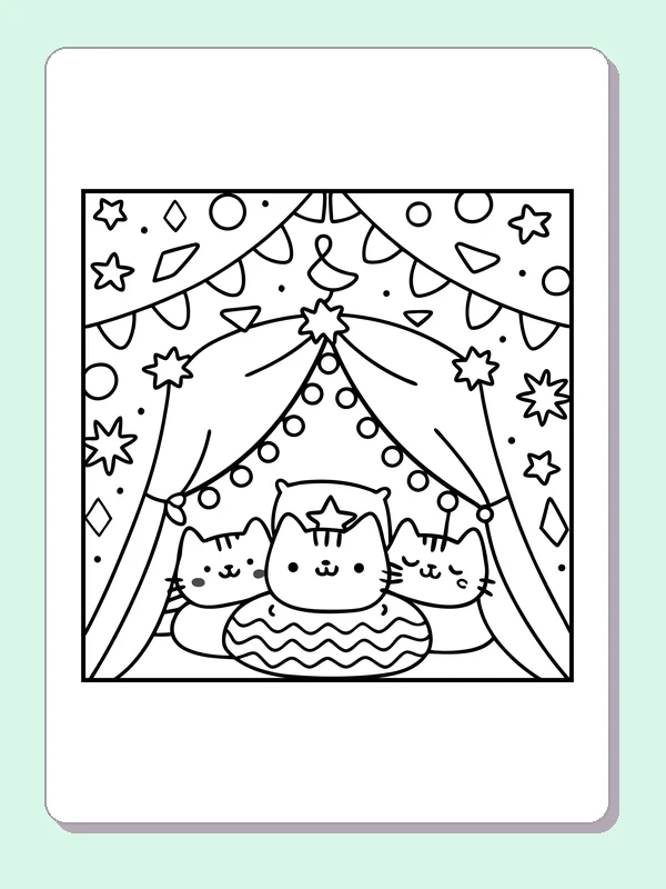 Black and white printable three cats at a tent party coloring sheet