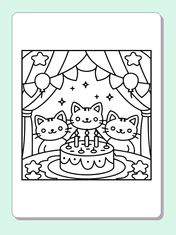 Black and white printable three cats celebrating a birthday coloring sheet