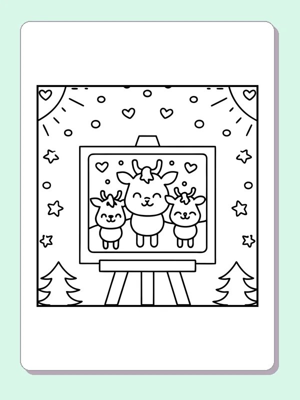Black and white printable three reindeer in a framed picture coloring sheet