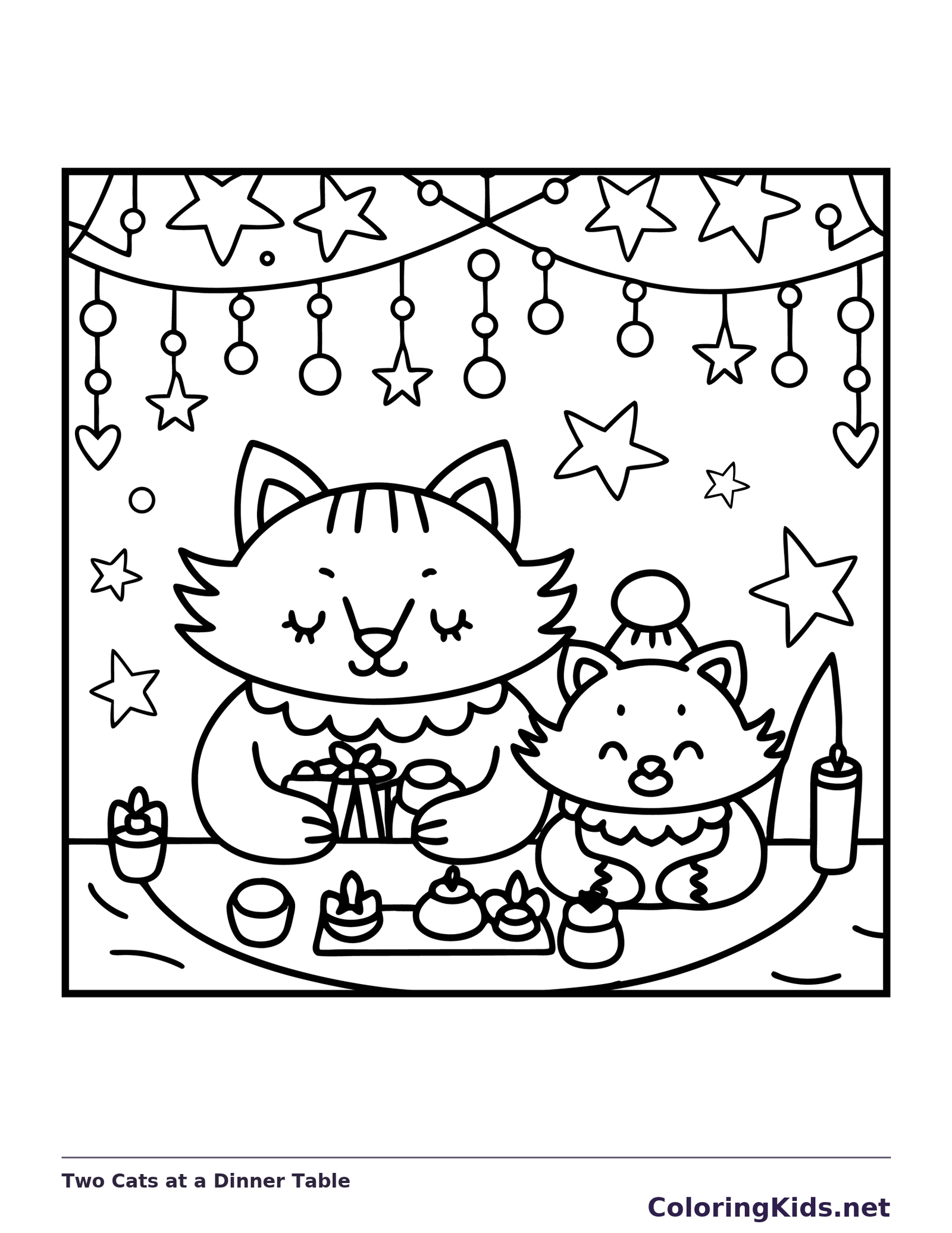 Black and white printable two cats at a dinner table coloring sheet