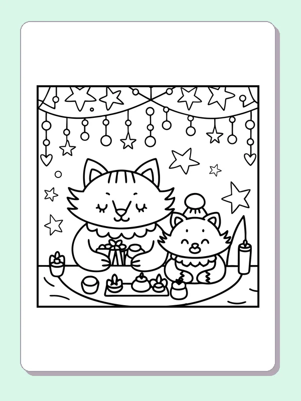 Black and white printable two cats at a dinner table coloring sheet