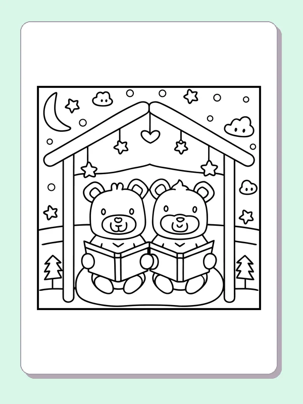 Black and white printable two bears reading in a snowy cabin coloring sheet