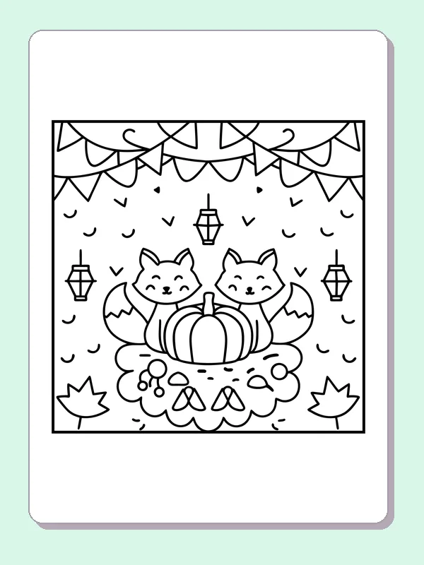 Black and white printable two cats sharing an autumn pumpkin coloring sheet
