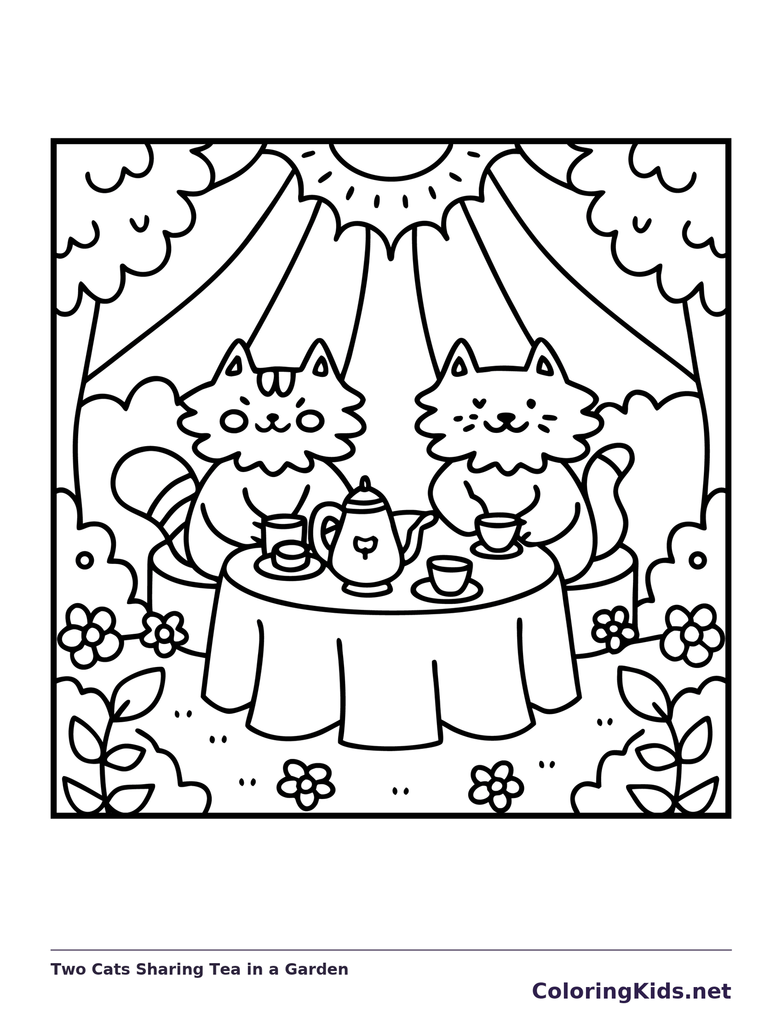 Black and white printable two cats sharing tea in a garden coloring sheet