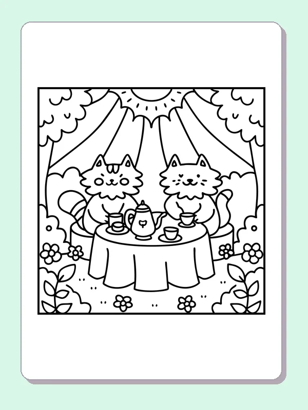 Black and white printable two cats sharing tea in a garden coloring sheet