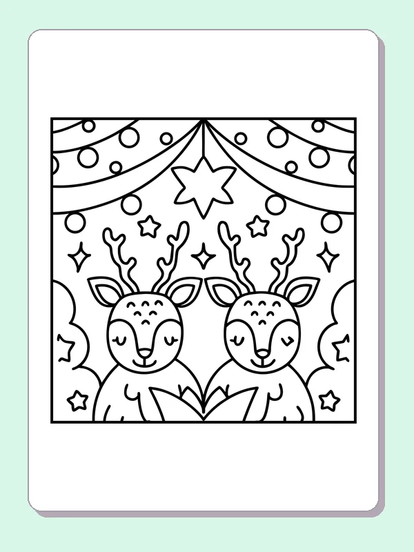 Black and white printable two deer beneath hanging stars coloring sheet