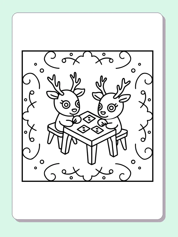 Black and white printable two deer playing a board game coloring sheet