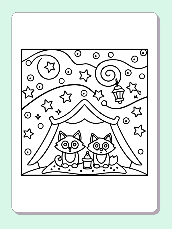 Black and white printable two foxes under a starry sky coloring sheet