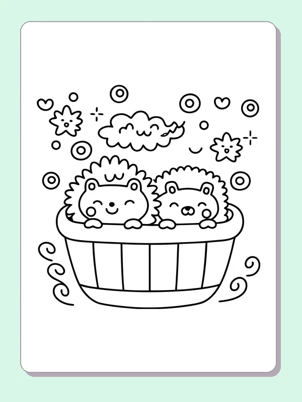 Black and white printable two hedgehogs in a round bath coloring sheet