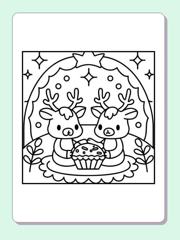 Black and white printable two reindeer sharing a cupcake coloring sheet