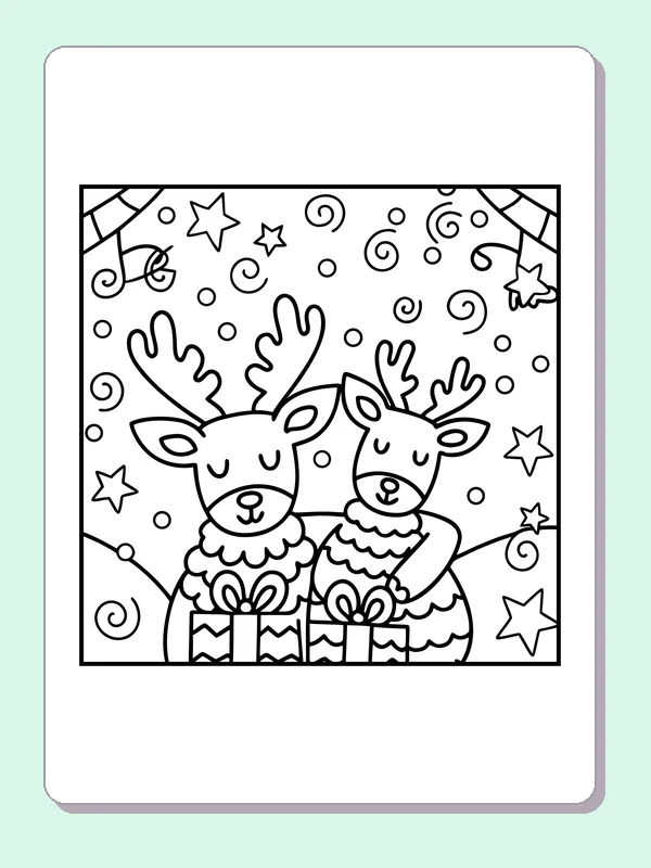 Black and white printable two reindeer with wrapped gifts coloring sheet