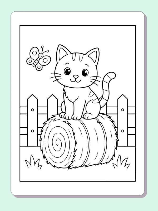 Black and white printable barn cat on a hay bale coloring sheet