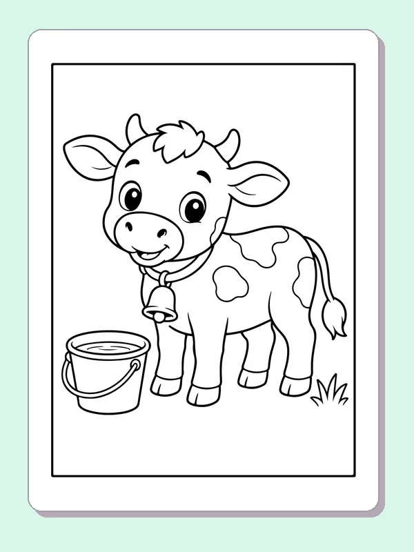 Black and white printable cow wearing a small bell coloring sheet