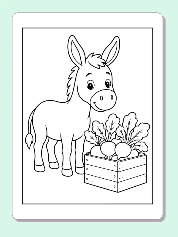 Black and white printable donkey beside a vegetable crate coloring sheet