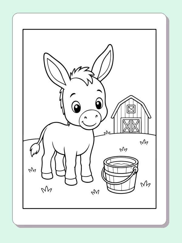 Black and white printable donkey beside a water bucket coloring sheet