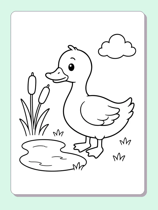 Black and white printable duck by the cattails coloring sheet