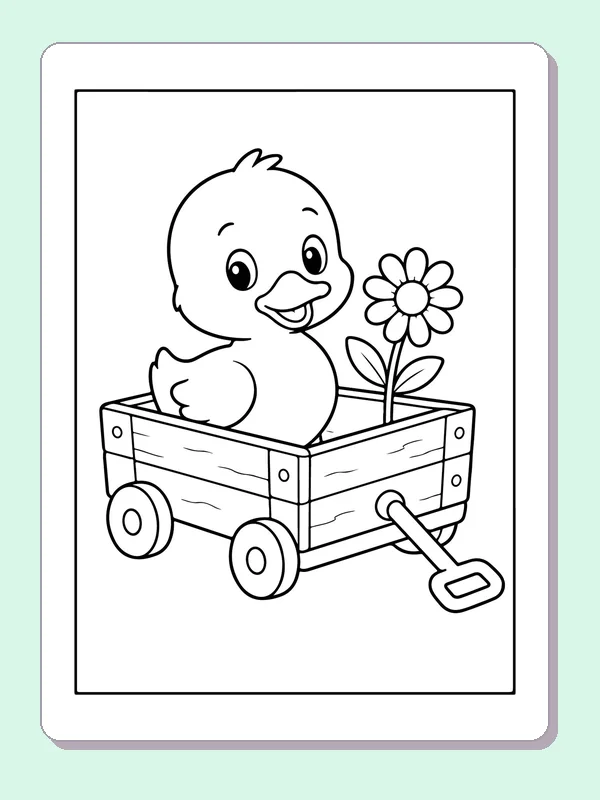 Black and white printable duckling riding in a wagon coloring sheet