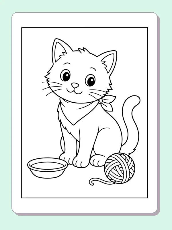 Black and white printable farm cat with a ball of yarn coloring sheet