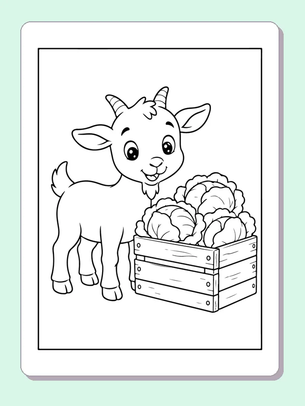 Black and white printable goat beside a harvest crate coloring sheet