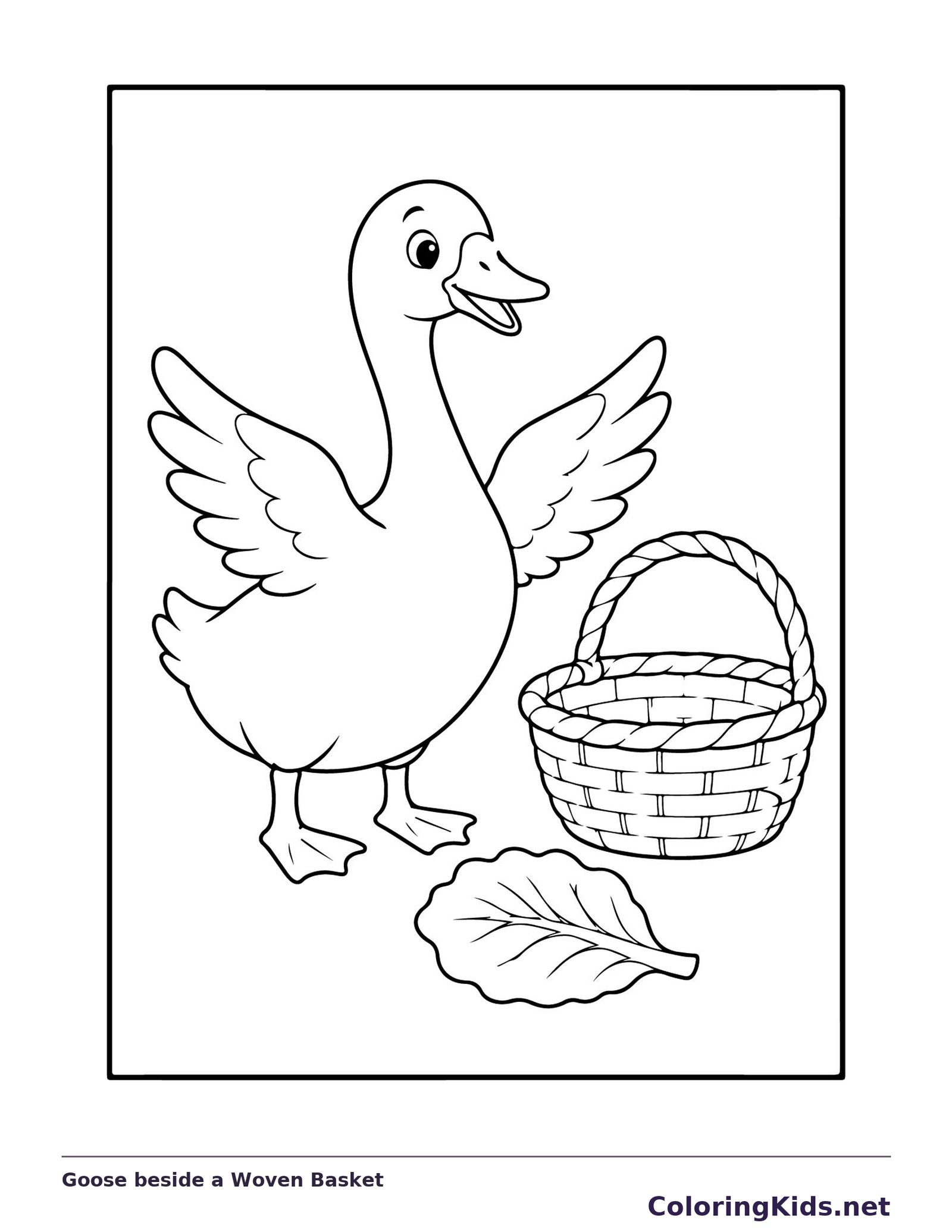Black and white printable goose beside a woven basket coloring sheet