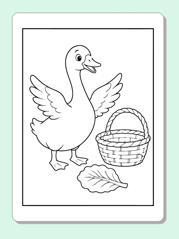 Black and white printable goose beside a woven basket coloring sheet