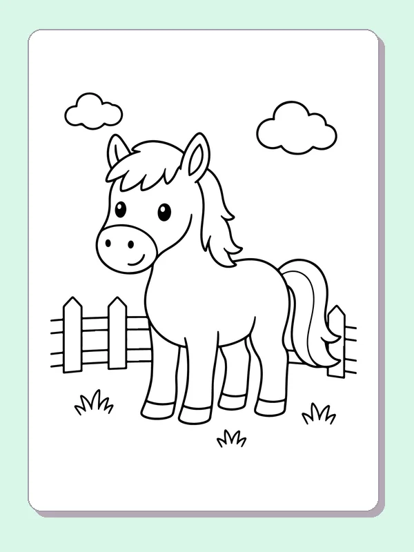 Black and white printable horse in a fenced field coloring sheet