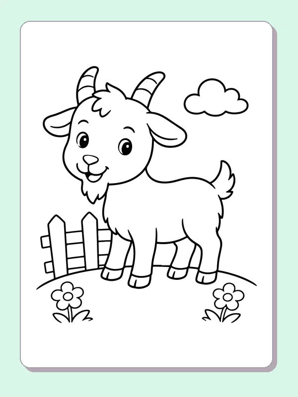 Black and white printable little goat among flowers coloring sheet