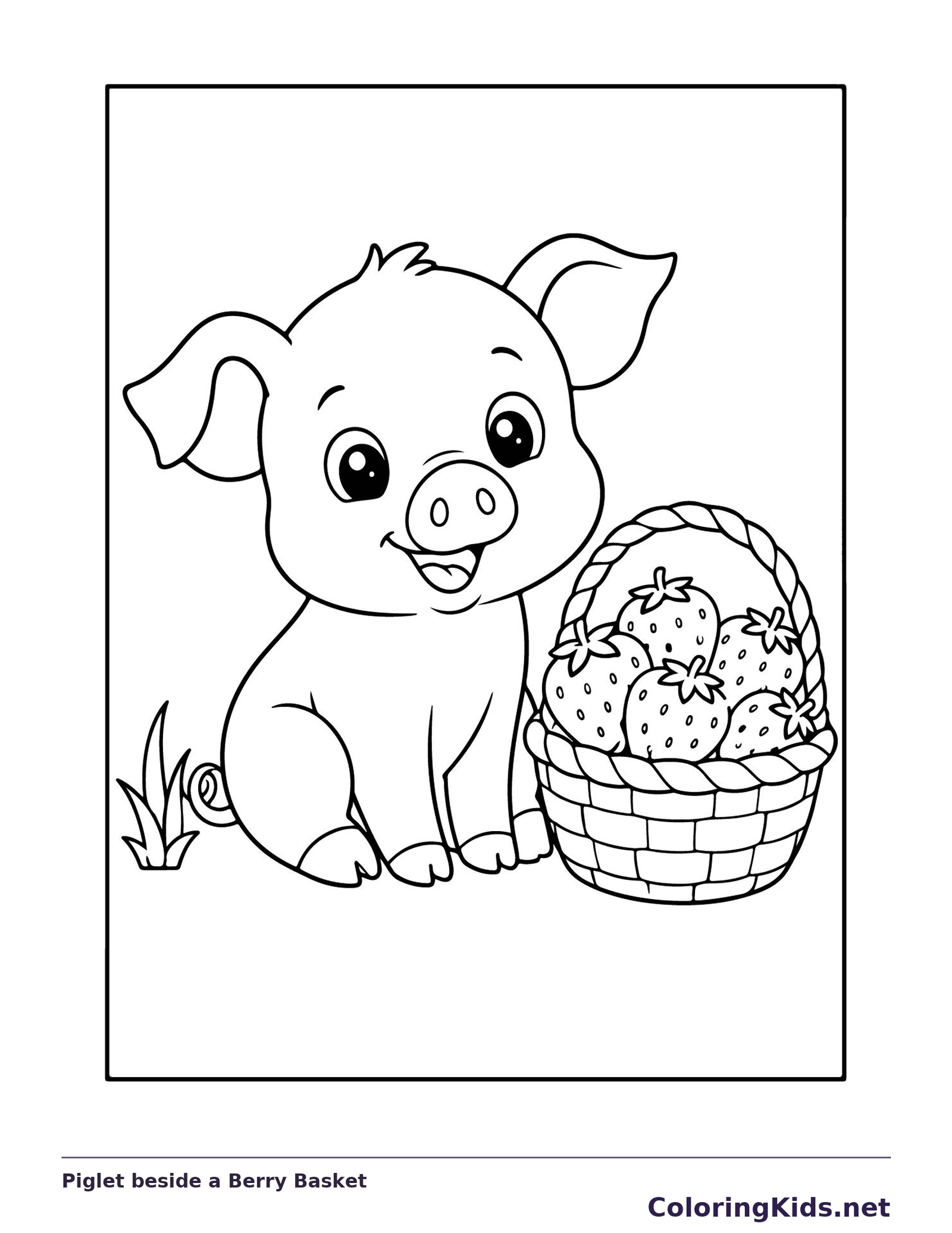 Black and white printable piglet beside a berry basket coloring sheet