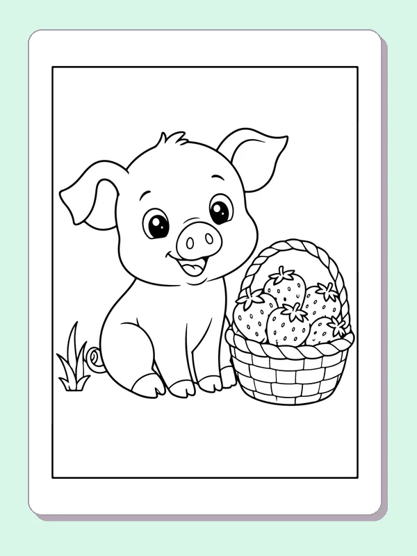 Black and white printable piglet beside a berry basket coloring sheet