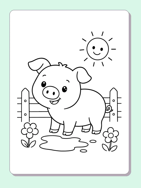 Black and white printable piglet in the sunshine coloring sheet
