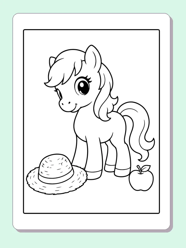 Black and white printable pony beside a straw hat coloring sheet
