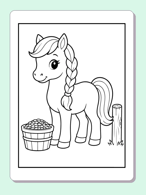 Black and white printable pony with a braided mane coloring sheet