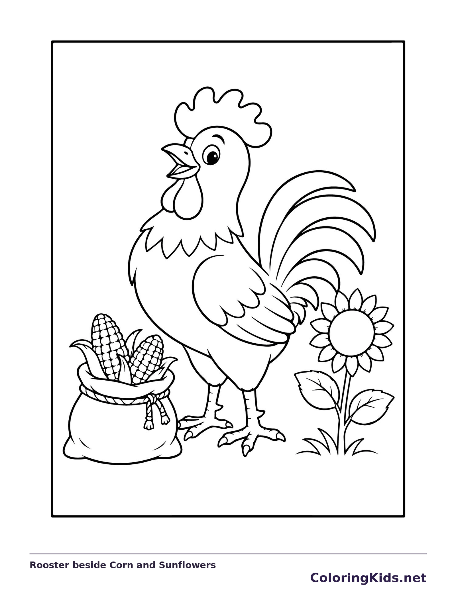 Black and white printable rooster beside corn and sunflowers coloring sheet