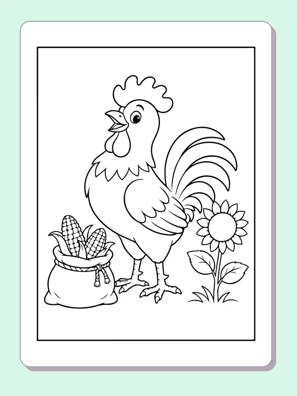 Black and white printable rooster beside corn and sunflowers coloring sheet